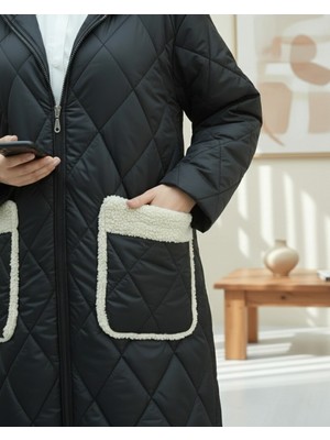 Modamorfo Cepli Kapşonlu Fermuarlı Astarlı Uzun Kapitone Kaban -Siyah