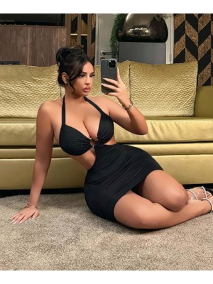 Intive Lingerie Kadın Siyah Halka Detaylı Göğüs Dekolteli Boyun ve Sırttan Bağlamalı Gece Elbisesi Gecelik Fantezi Elbise 5115