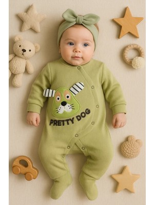 Narnuga Pretty Dog Nakışlı Bandanalı % 100 Pamuk Kız Bebek Tulumu