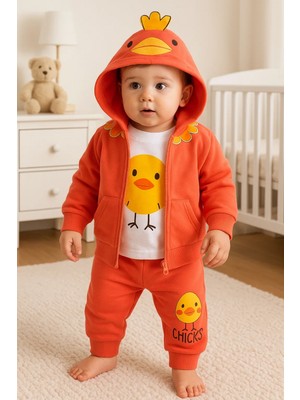 Narnuga Civciv Desenli Kapişonlu 3'lü Erkek Bebek Takımı