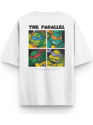 Overoz Ninja Turtles Ninja Kaplumbağalar Sırt Baskılı Yarı Oversize Unisex Beyaz T-Shirt 1302