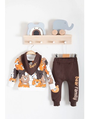 Narnuga Family Bears Desenli 3'lü Fularlı Erkek Bebek Takımı