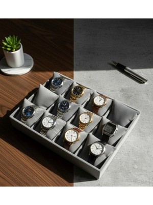 ZYC 12 Bölmeli Ahşap Üzeri Baby Face Kumaş Saat ve Takı Standı - Organizeri EBAT(35X24X5)CM