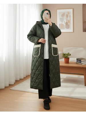 Modamorfo Cepli Kapşonlu Fermuarlı Astarlı Uzun Kapitone Kaban -Haki