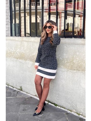 Marsilyan- Kadın Uzun Kollu Yuvarlak Yaka Etek Ucu Şerit Detaylı Kısa Dokuma Elbise