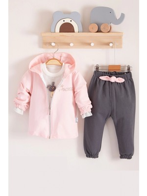 Narnuga Prences Nakışlı Kapişonlu 3'lü % 100 Pamuk Kız Bebek Takımı