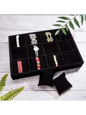 ZYC 12 Bölmeli Ahşap Üzeri Baby Face Kumaş Saat ve Takı Standı - Organizeri EBAT(35X24X5)CM