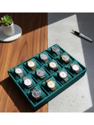 ZYC 12 Bölmeli Ahşap Üzeri Baby Face Kumaş Saat ve Takı Standı - Organizeri EBAT(35X24X5)CM