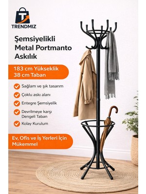 Trendmiz Modern Metal Portmanto Askılık 183 cm | Şemsiyelikli Ayaklı Elbise Askısı | Siyah Ferforje Askılık