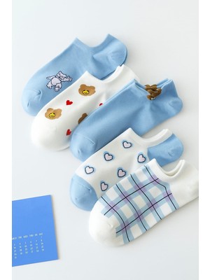 5 Çift Kadın Mavi Kalp Desenli Kadın Çorap