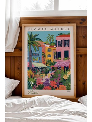 Satürn Design Miami Amerika Çerçeveli Tablo Seyahat Severlere Salon ve Ofis Için Estetik Duvar Dekoru Travel Flower Market