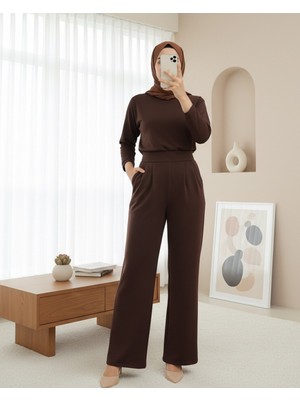 Modamorfo Beli Cırtcırt Detay Boru Paça Kumaş Pantalon  -Kahve