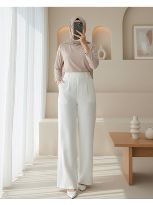 Modamorfo Beli Cırtcırt Detay Boru Paça Kumaş Pantalon  -Beyaz
