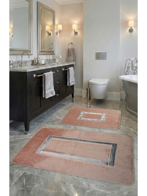 Feel Home Meram Kaymaz Taban, Yumuşacık, Emici 2'li Ultra Lüks Deri Detaylı Banyo Paspası Seti