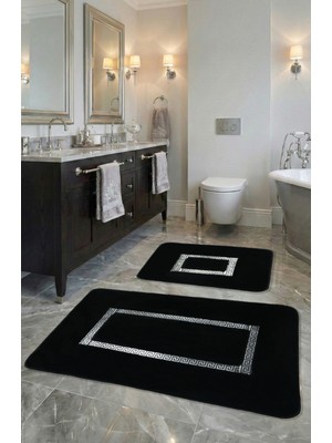 Feel Home Meram Kaymaz Taban, Yumuşacık, Emici 2'li Ultra Lüks Deri Detaylı Banyo Paspası Seti