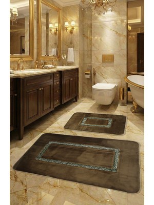 Feel Home Meram Kaymaz Taban, Yumuşacık, Emici 2'li Ultra Lüks Deri Detaylı Banyo Paspası Seti