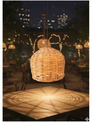 AYGHOME - El Yapımı 25 cm Bohem Hasır Avize | Restoran, Otel ve Salon Için Doğal Rattan Sarkıt Lamba