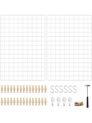 Astera 2'li Metal Duvar Panosu Seti - Beyaz Fotoğraf Izgarası, Mandallı ve S Kancalı Duvar Dekoru