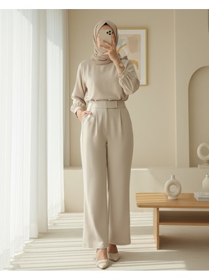 Modamorfo Beli Cırtcırt Detay Boru Paça Kumaş Pantalon  -Bej