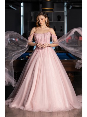 Abiyefon Taşlı Straplez Şallı Uzun Özel Tasarım Nişanlık ABU5466