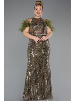 Abiyefon Tüylü Kol Detaylı Boncuklu Uzun Büyük Beden Abiye ABU5540