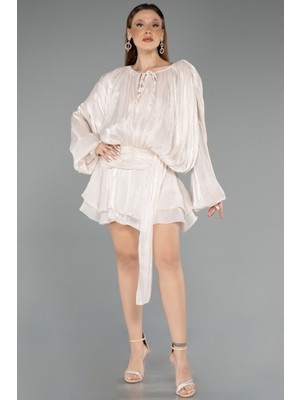 Abiyefon Uzun Kol Mini Şifon Gece Elbisesi ABK2499