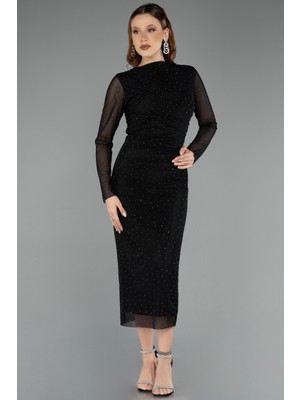 Abiyefon Transparan Uzun Kol Taşlı Midi Davet Elbisesi ABK2492