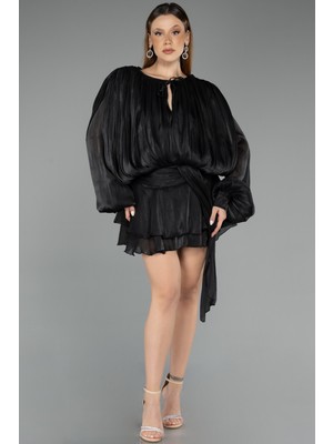 Abiyefon Uzun Kol Mini Şifon Gece Elbisesi ABK2499