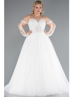 Abiyefon Uzun Kol Boncuklu Çiçek Işlemeli Büyük Beden Gelinlik ABG041