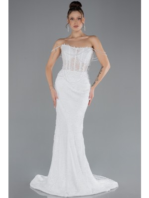 Abiyefon Straplez Boncuklu Dantel Uzun Büyük Beden Gelinlik ABG042