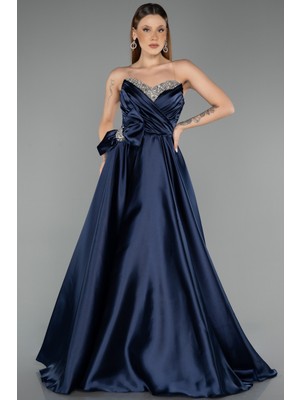 Abiyefon Taşlı Straplez Yaka Uzun Saten Nişan Elbisesi ABU5541