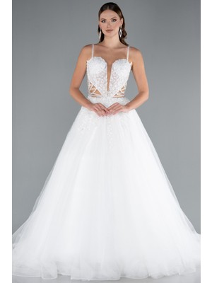 Abiyefon Askılı Göğsü Taş Işlemeli Uzun Prenses Gelinlik ABG125