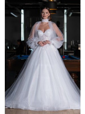 Abiyefon Uzun Kol Tül Bolerolu Üstü Taşlı Prenses Gelinlik ABG124