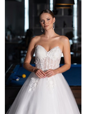 Abiyefon Straplez Çiçek Aplikeli Uzun Prenses Gelinlik ABG154