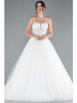 Abiyefon Boncuk Işlemeli Askılı Uzun Prenses Model Gelinlik ABG037