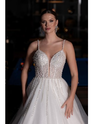 Abiyefon Askılı Üstü Taşlı Uzun Simli Prenses Model Gelinlik ABG113