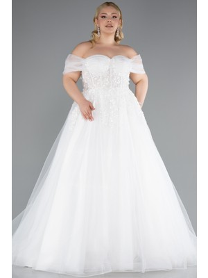 Abiyefon Kayık Yaka Işlemeli Balenli Uzun Büyük Beden Gelinlik ABG147