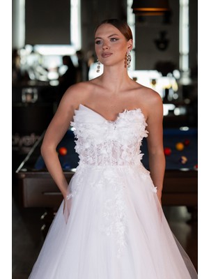 Abiyefon Straplez Çiçek Aplikeli Uzun Büyük Beden Gelinlik ABG141