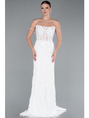 Abiyefon Straplez Boncuk Işlemeli Dantelli Uzun Balık Gelinlik ABG035