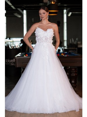 Abiyefon Straplez Çiçek Aplikeli Uzun Prenses Model Gelinlik ABG135