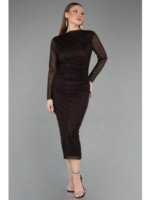 Abiyefon Transparan Uzun Kol Taşlı Midi Davet Elbisesi ABK2492