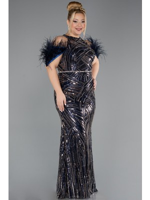 Abiyefon Tüylü Kol Detaylı Boncuklu Uzun Büyük Beden Abiye ABU5540