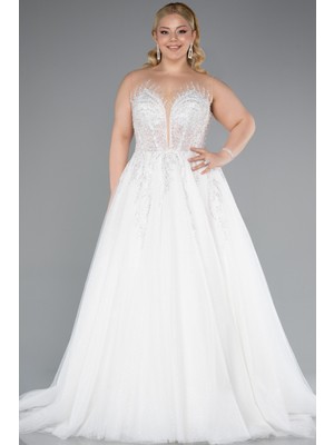 Abiyefon Kolsuz Taş Işlemeli Simli Uzun Büyük Beden Gelinlik ABG040