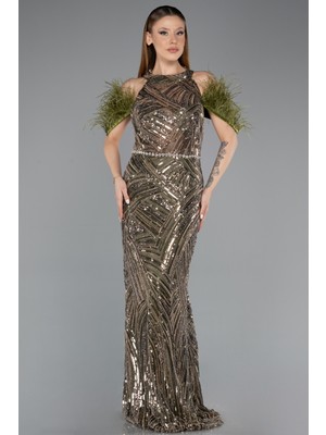 Abiyefon Tüylü Kol Detaylı Boncuklu Uzun Abiye ABU5538