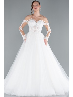 Abiyefon Uzun Kol Boncuklu Çiçek Işlemeli Uzun Gelinlik ABG036