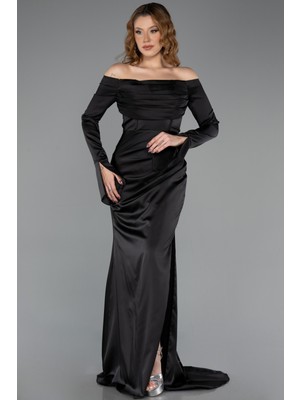 Abiyefon Kayık Yaka Uzun Kol Yırtmaçlı Saten Abiye ABU5513