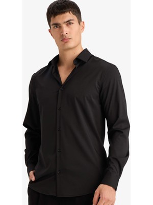 DeFacto Slim Fit Polo Yaka Basic Düz Uzun Kollu Gömlek F9884AX26SP