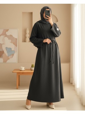 Modamorfo Beli Bağlamalı Yuvarlak Yaka Selanik Elbise -Antrasit