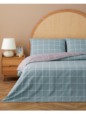 English Home Gridline Kolay Ütülenir Çarşaflı Çift Kişilik Nevresim Takımı 200x220 cm Seledon-Mürdüm