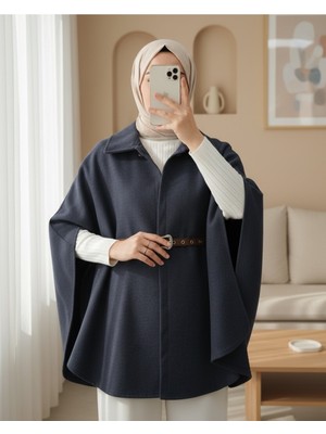 Modamorfo Omuzu Düğmeli Beli Kemerli Kaşe Panço  -Laci